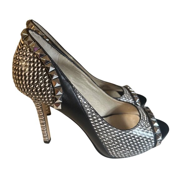Michael Michael Kors black and gray snake print leather silver stud heels size 7 - Picture 2 of 6